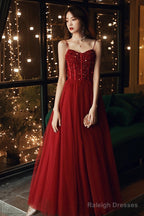 Wine Red Beaded Sweeteart Tulle Straps Long Evening Dress, Wine Red Prom Dresses