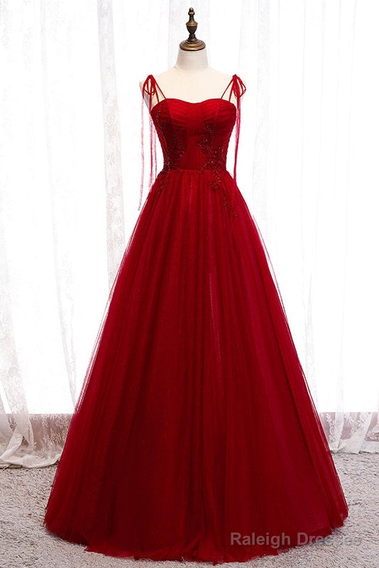 Wine Red Beaded Sweetheart Tulle Floor Length Party Dress, Wine Red Long Prom Dress Secondary image