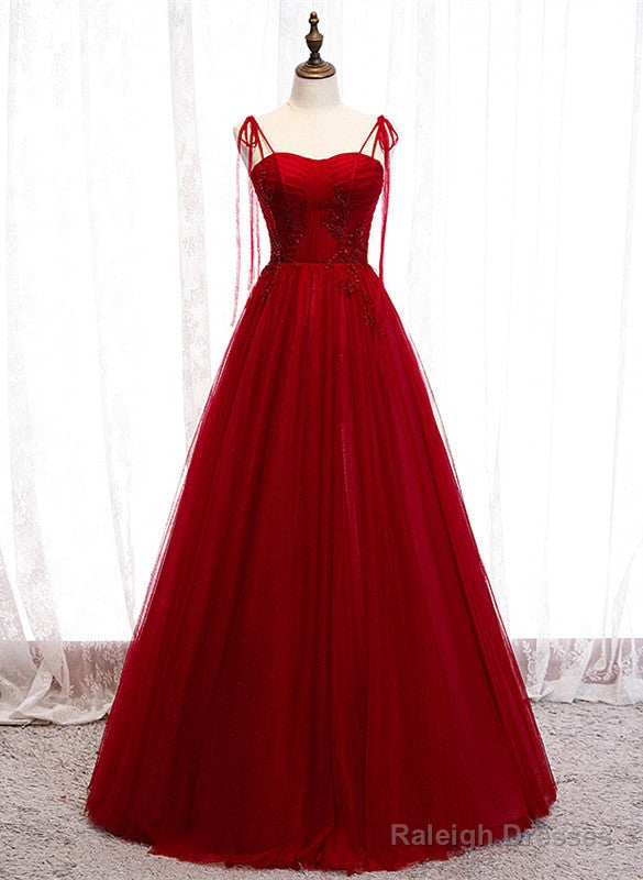 Wine Red Beaded Sweetheart Tulle Floor Length Party Dress, Wine Red Long Prom Dress Main image