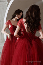 Wine Red Beaded Sweetheart Tulle Long Evening Dress, Wine Red Formal Dress Prom Dress