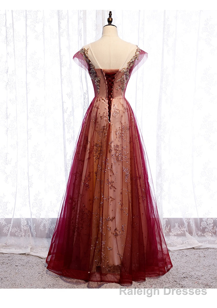 Wine Red Cap Sleeves Tulle with Lace Applique Party Dress, Wine Red Evening Dress Prom Dress