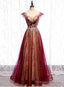 Wine Red Cap Sleeves Tulle with Lace Applique Party Dress, Wine Red Evening Dress Prom Dress
