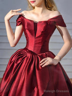 Wine Red Chic Off Shoulder Satin Party Dress, Wine Red Satin Long Prom Dress