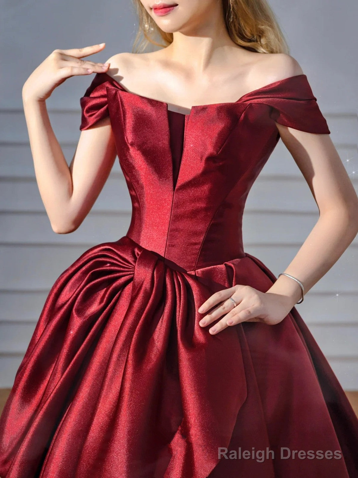 Wine Red Chic Off Shoulder Satin Party Dress, Wine Red Satin Long Prom Dress