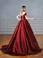 Wine Red Chic Off Shoulder Satin Party Dress, Wine Red Satin Long Prom Dress