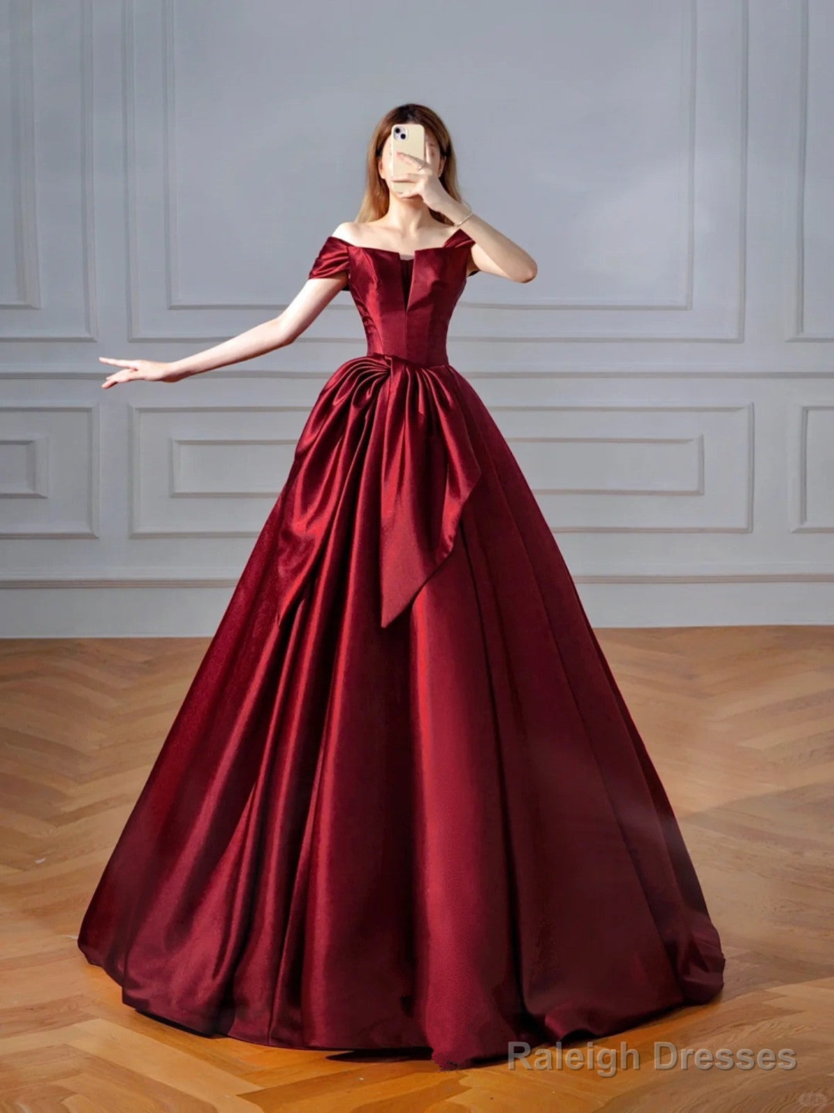 Wine Red Chic Off Shoulder Satin Party Dress, Wine Red Satin Long Prom Dress