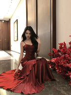 Wine Red Chic Satin Mermaid Sweetheart Long Party Dress, Wine Red Satin Evening Dress