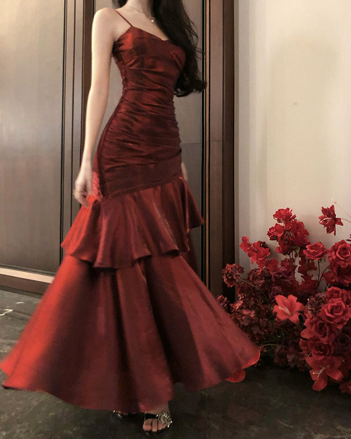 Wine Red Chic Satin Mermaid Sweetheart Long Party Dress, Wine Red Satin Evening Dress