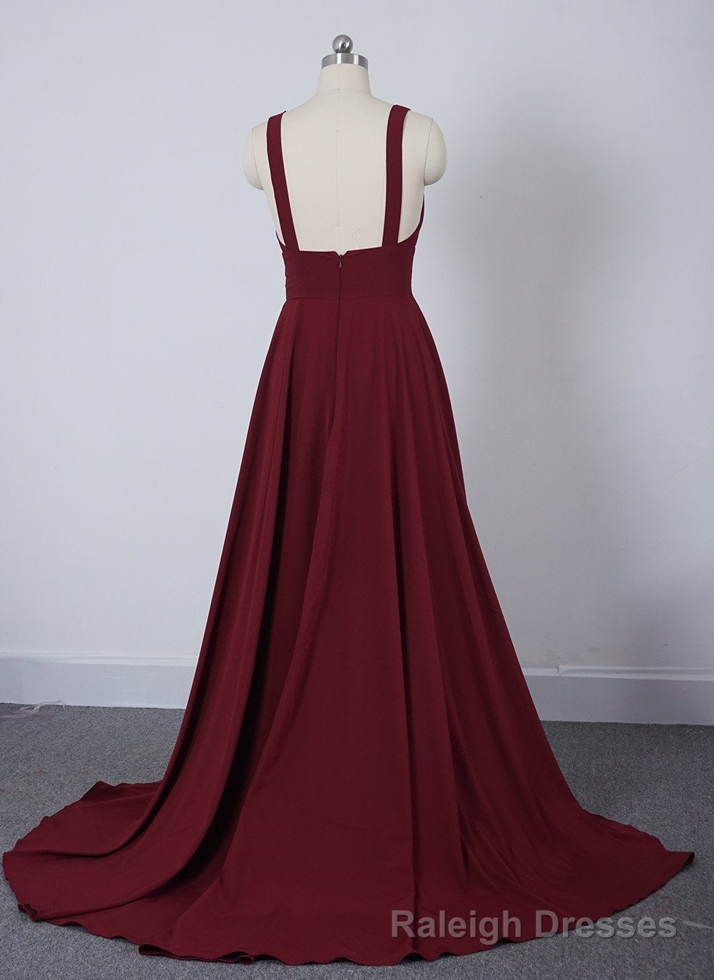 Wine Red Chiffon High Slit Long Party Dress, Charming Long Straps Bridesmaid Dresses Secondary image