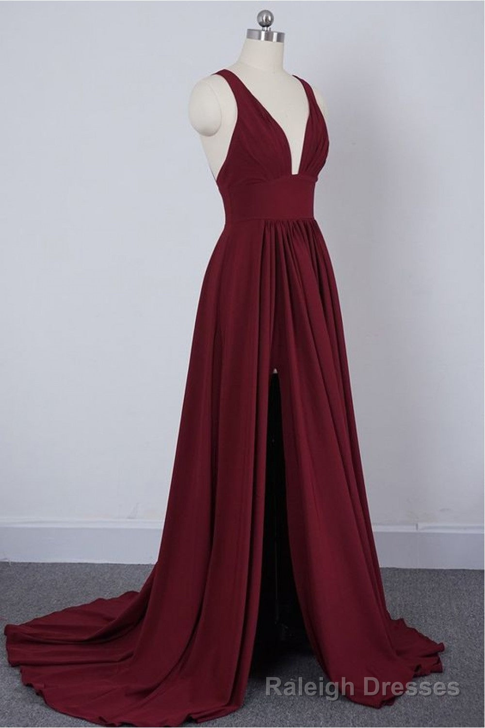 Wine Red Chiffon High Slit Long Prom Dress, Charming Long Straps Bridesmaid Dresses