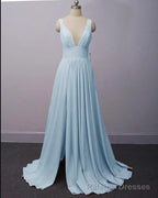 Wine Red Chiffon High Slit Long Prom Dress, Charming Long Straps Bridesmaid Dresses