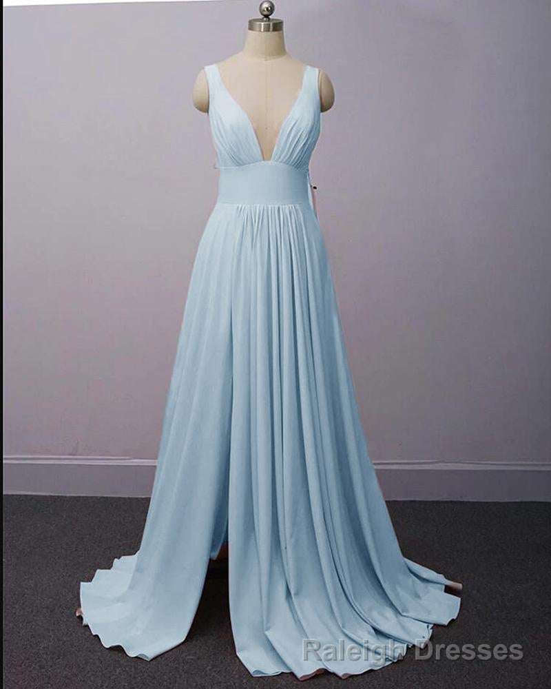 Wine Red Chiffon High Slit Long Prom Dress, Charming Long Straps Bridesmaid Dresses