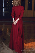 Wine Red Chiffon Long Sleeves Formal Dress, Wine Red Long Prom Dress