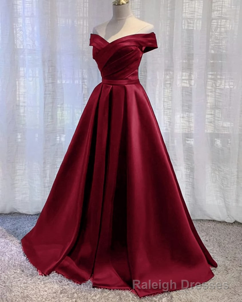 Wine Red Floor Length Off Shoulder Wedding Party Dress, Dark Red Prom Dress Main image