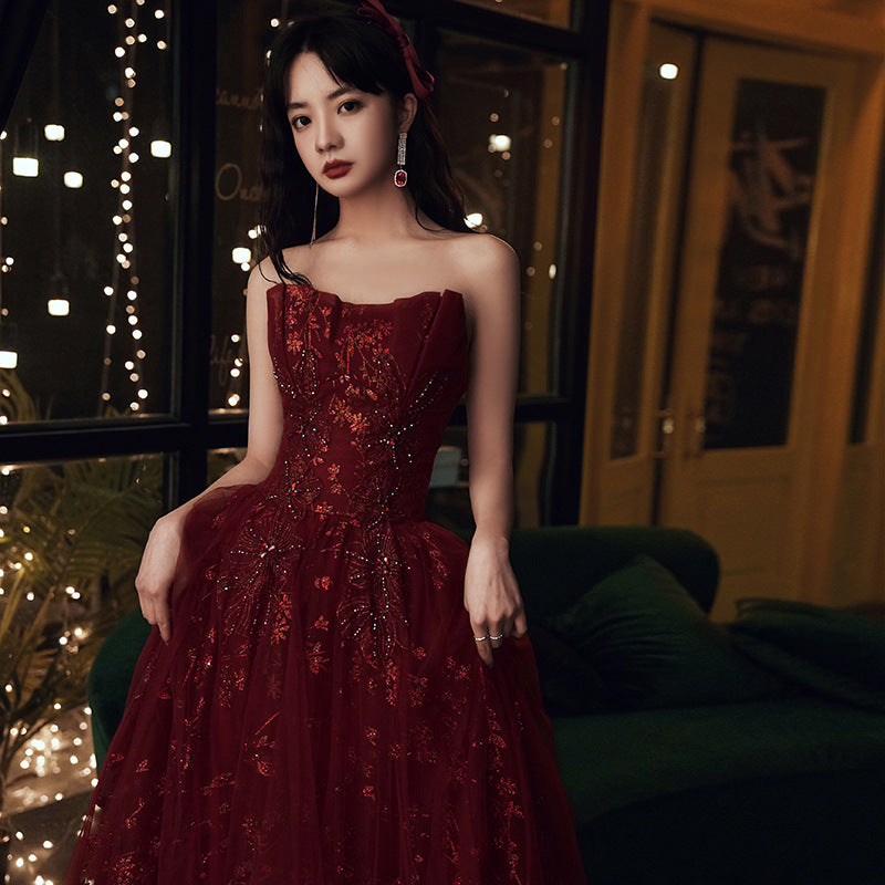 Wine Red Floral Lace And Tulle Long Evening Gown Party Dress, Burgundy Formal Dresses 2026