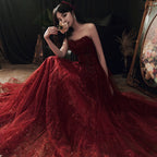 Wine Red Floral Lace And Tulle Long Evening Gown Party Dress, Burgundy Formal Dresses 2026