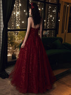 Wine Red Floral Lace And Tulle Long Evening Gown Party Dress, Burgundy Formal Dresses 2026