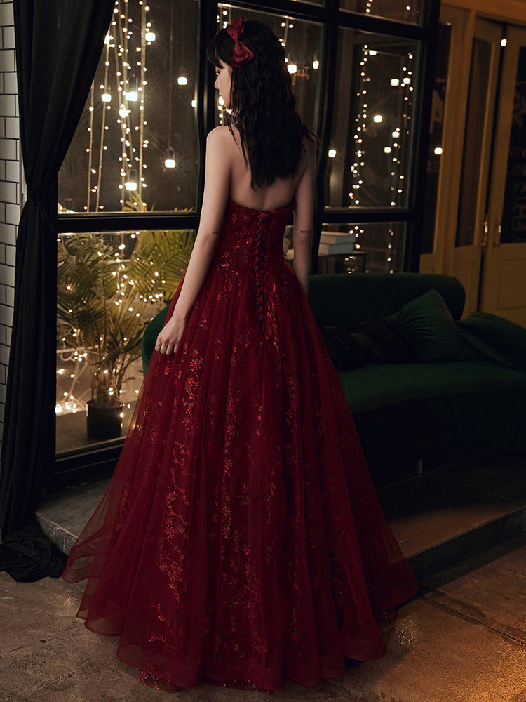 Wine Red Floral Lace And Tulle Long Evening Gown Party Dress, Burgundy Formal Dresses 2026