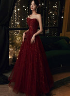 Wine Red Floral Lace And Tulle Long Evening Gown Party Dress, Burgundy Formal Dresses 2026