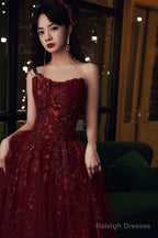 Wine Red Floral Lace And Tulle Long Prom Gowns Prom Dresses Burgundy Prom Dress