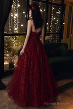Wine Red Floral Lace And Tulle Long Evening Gown Party Dress, Burgundy Formal Dresses