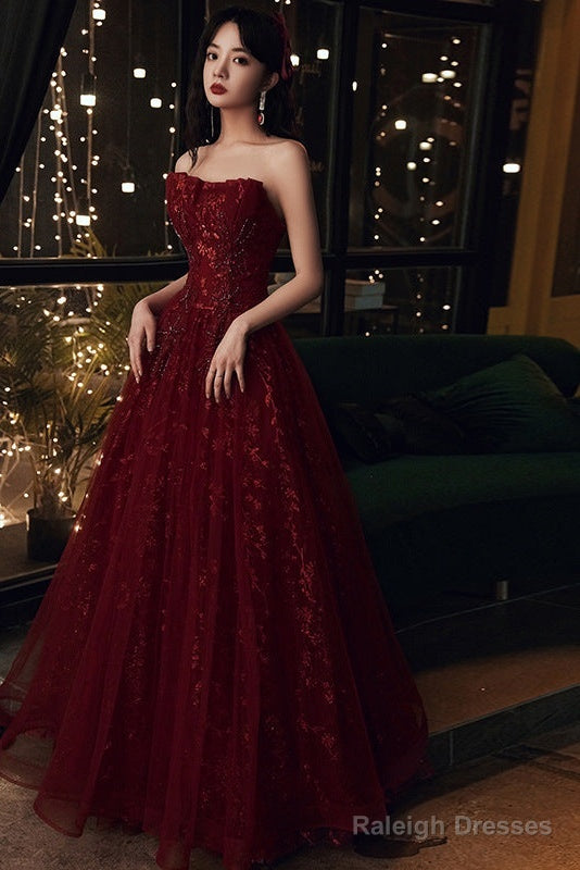 Wine Red Floral Lace And Tulle Long Evening Gown Party Dress, Burgundy Formal Dresses