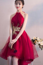 Wine Red Halter High Low Stylish Homecoming Dresses, Red Formal Dress, Pretty Party Dress