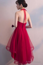 Wine Red Halter High Low Stylish Homecoming Dresses, Red Formal Dress, Pretty Party Dress
