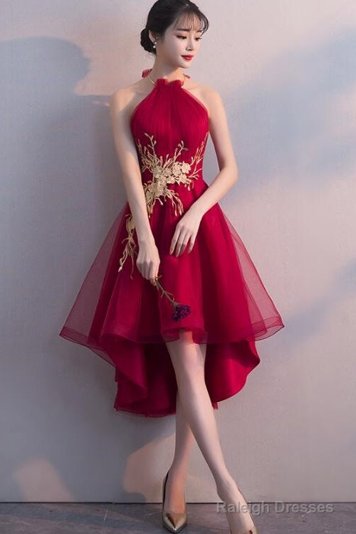 Wine Red Halter High Low Stylish Homecoming Dresses, Red Formal Dress, Pretty Party Dress