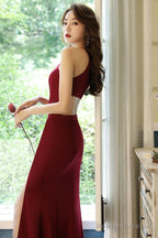 Wine Red Halter Long Spandex Long Formal Dress, Dark Red Evening Gown