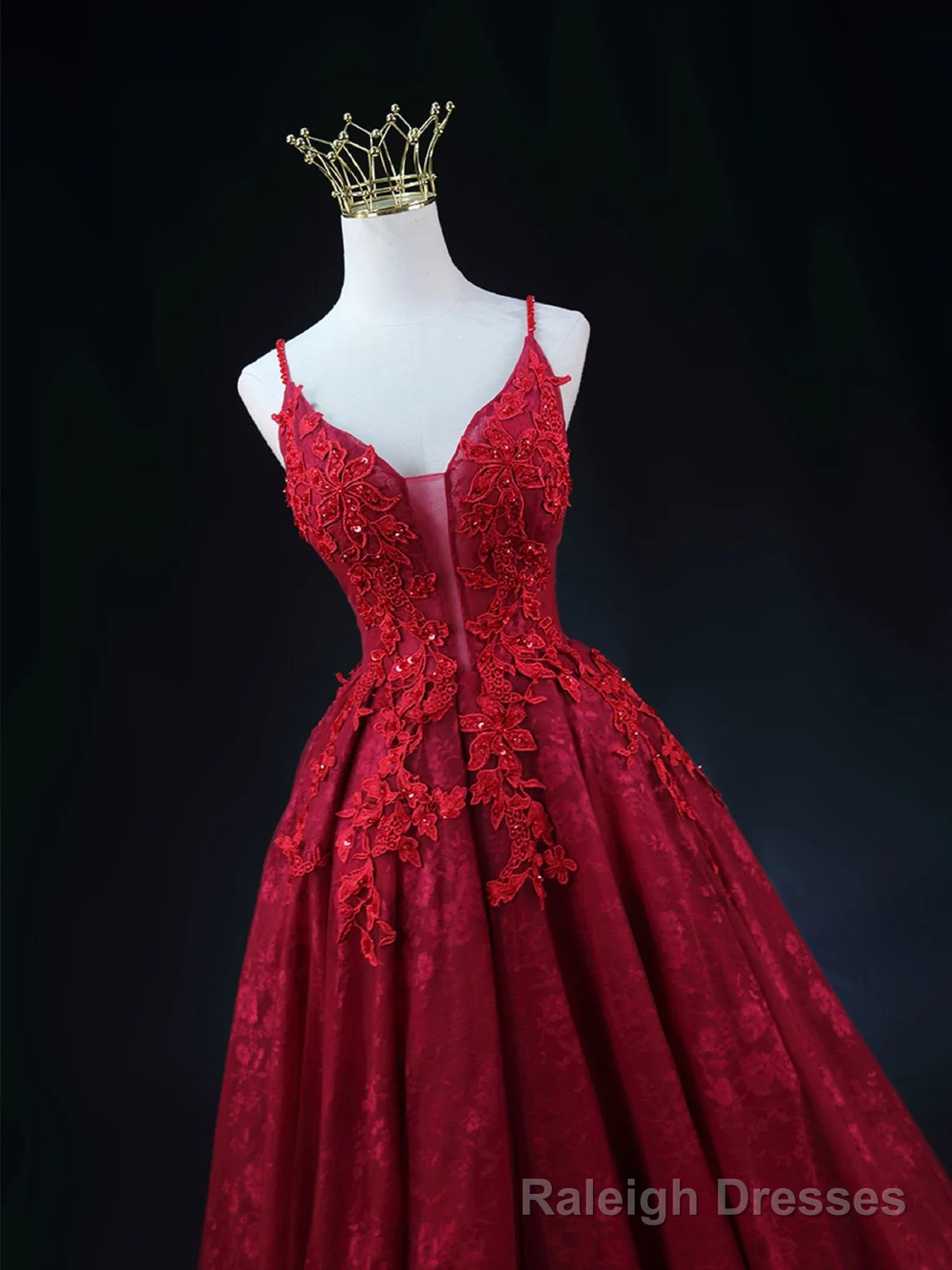 Wine Red Lace Applique Straps V-neckline Party Dress, Floor Length Wine Red Prom Dress Secondary image