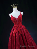 Wine Red Lace Applique Straps V-neckline Party Dress, Floor Length Wine Red Prom Dress