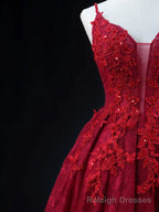 Wine Red Lace Applique Straps V-neckline Party Dress, Floor Length Wine Red Prom Dress