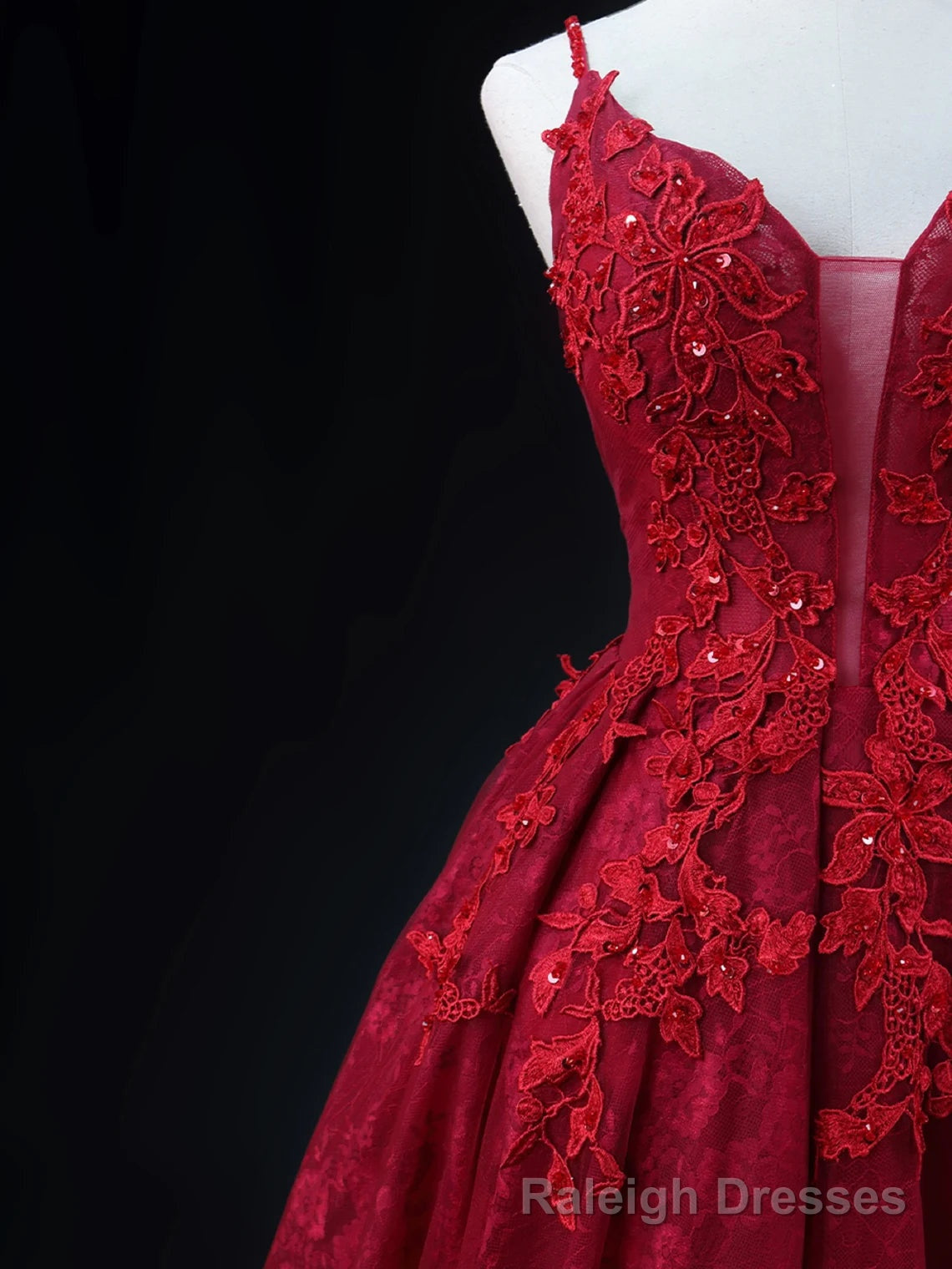 Wine Red Lace Applique Straps V Neckline Prom Dress, Floor Length Wine Red Prom Dress