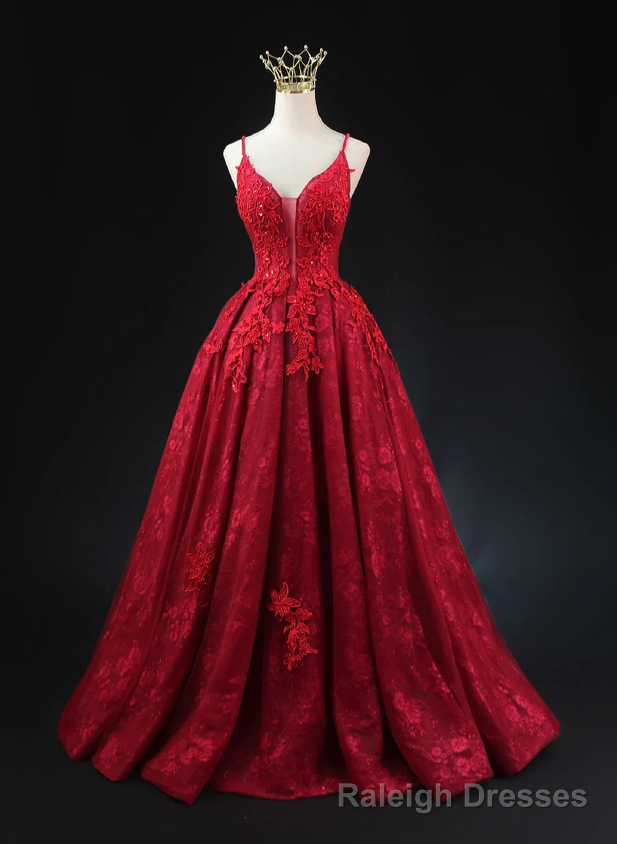 Wine Red Lace Applique Straps V Neckline Prom Dress, Floor Length Wine Red Prom Dress Main image