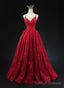 Wine Red Lace Applique Straps V Neckline Prom Dress, Floor Length Wine Red Prom Dress