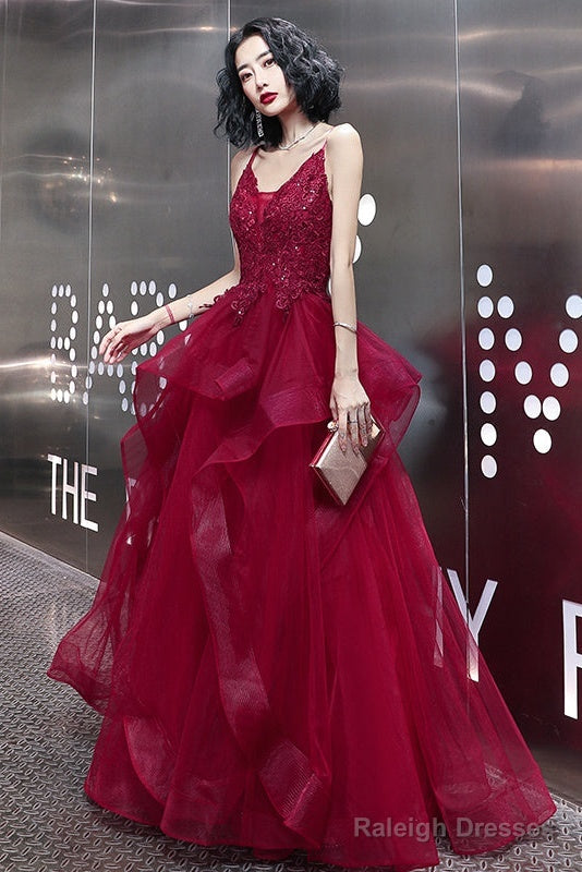 Wine Red Lace Applique V-Neckline Long Straps Prom Dresses Dark Red Prom Dress Secondary image