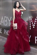 Wine Red Lace Applique V-Neckline Long Straps Prom Dresses Dark Red Prom Dress