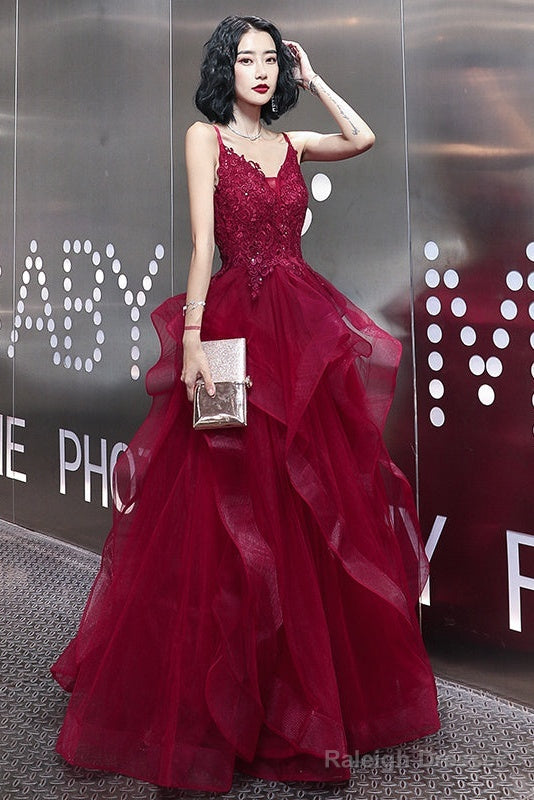 Wine Red Lace Applique V-Neckline Long Straps Prom Dresses Dark Red Prom Dress