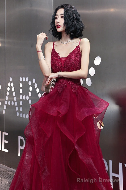 Wine Red Lace Applique V-Neckline Long Straps Formal Dress, Dark Red Prom Dresses