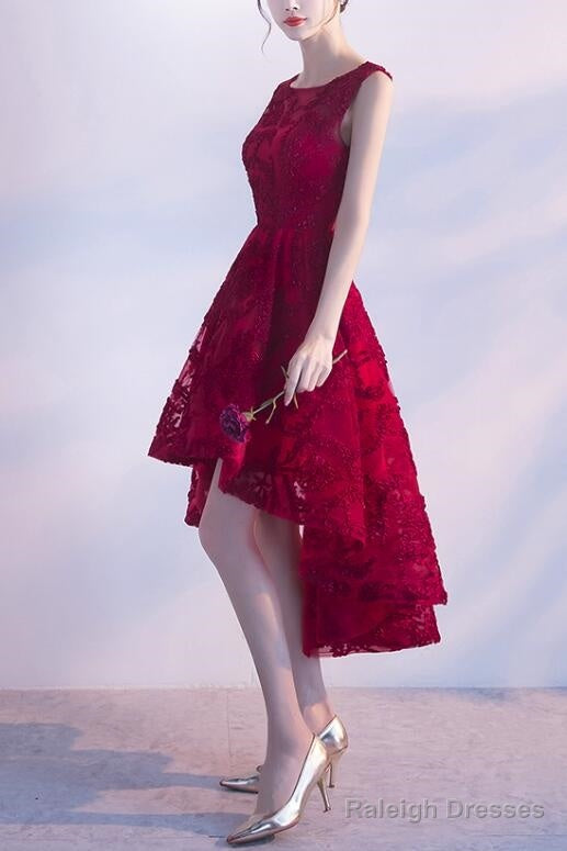 Wine Red Lace High Low Charming Formal Dress, Junior Party Dress, Cute Prom Dress Secondary image