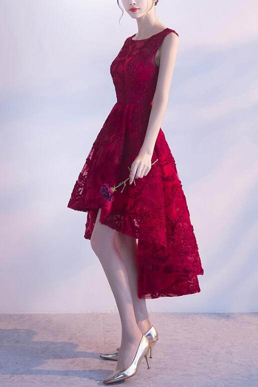 Wine Red Lace High Low Charming Prom Dresses Junior Prom Dresses Cute Prom Dresses Secondary image