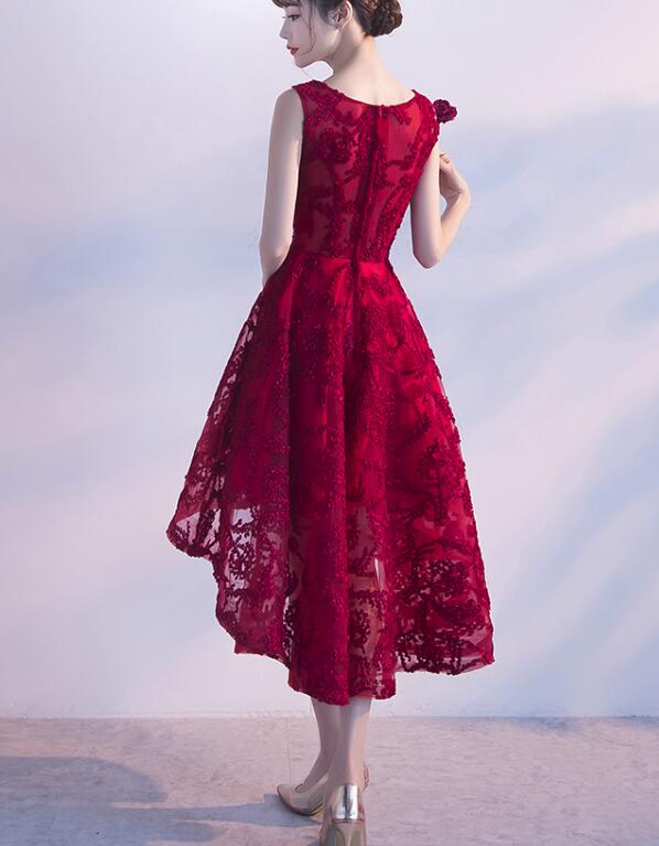 Wine Red Lace High Low Charming Prom Dresses Junior Prom Dresses Cute Prom Dresses