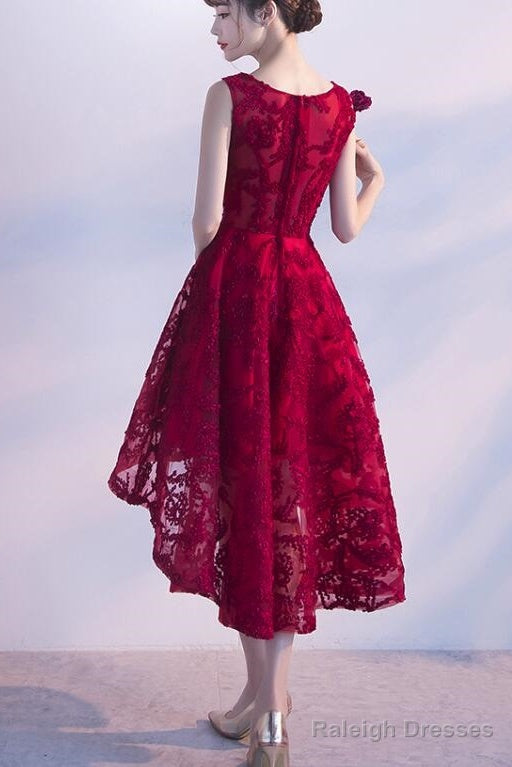 Wine Red Lace High Low Charming Prom Dresses Junior Prom Dresses Cute Prom Dresses