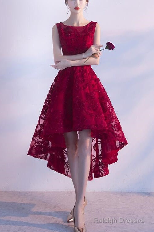 Wine Red Lace High Low Charming Prom Dresses Junior Prom Dresses Cute Prom Dresses Main image
