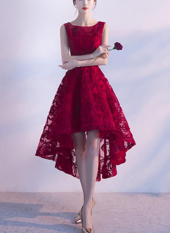 Wine Red Lace High Low Charming Prom Dresses Junior Prom Dresses Cute Prom Dresses