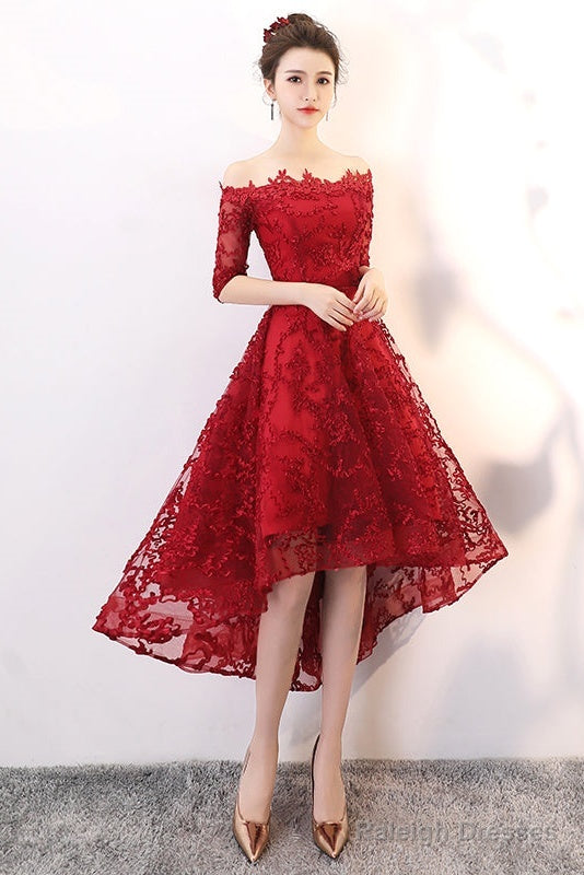 Wine Red Lace High Low Lovely Short Off Shoulder Party Dress, High Low Homeocming Dress Prom Dress