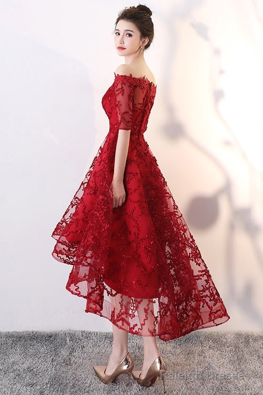 Wine Red Lace High Low Lovely Short Off Shoulder Prom Dresses High Low Homeocming Dresses Prom Dresses