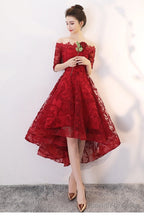 Wine Red Lace High Low Lovely Short Off Shoulder Prom Dresses High Low Homeocming Dresses Prom Dresses