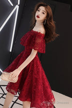 Wine Red Lace High Low Off Shoulder Prom Dresses Dark Red Homecoming Dresses